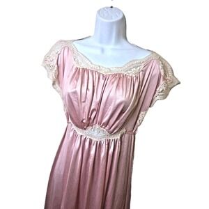 Vtg 1970s Romantic Pink Long Nightgown Shirred Bodice Lace Split Sleeve Size M ?